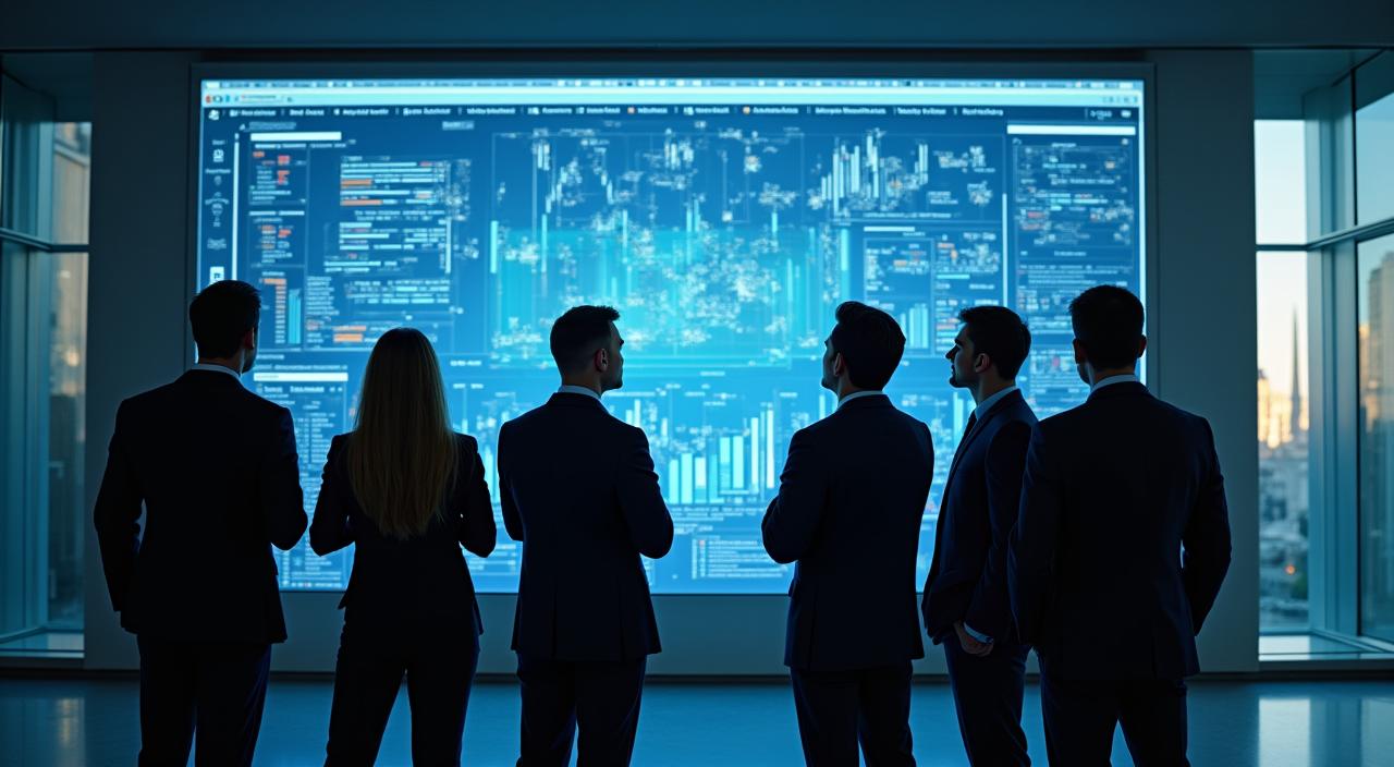 Executive team discussing strategic data in a modern office