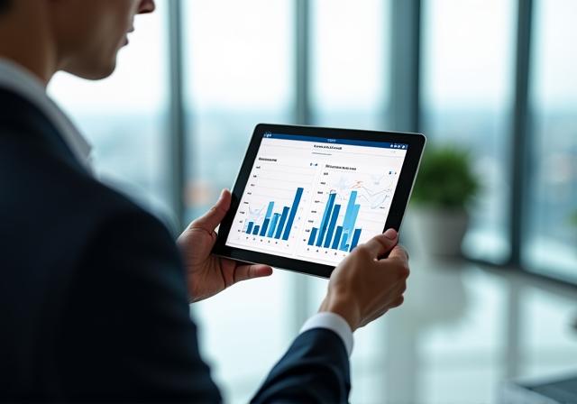 Business executive making decisions based on AI tablet data